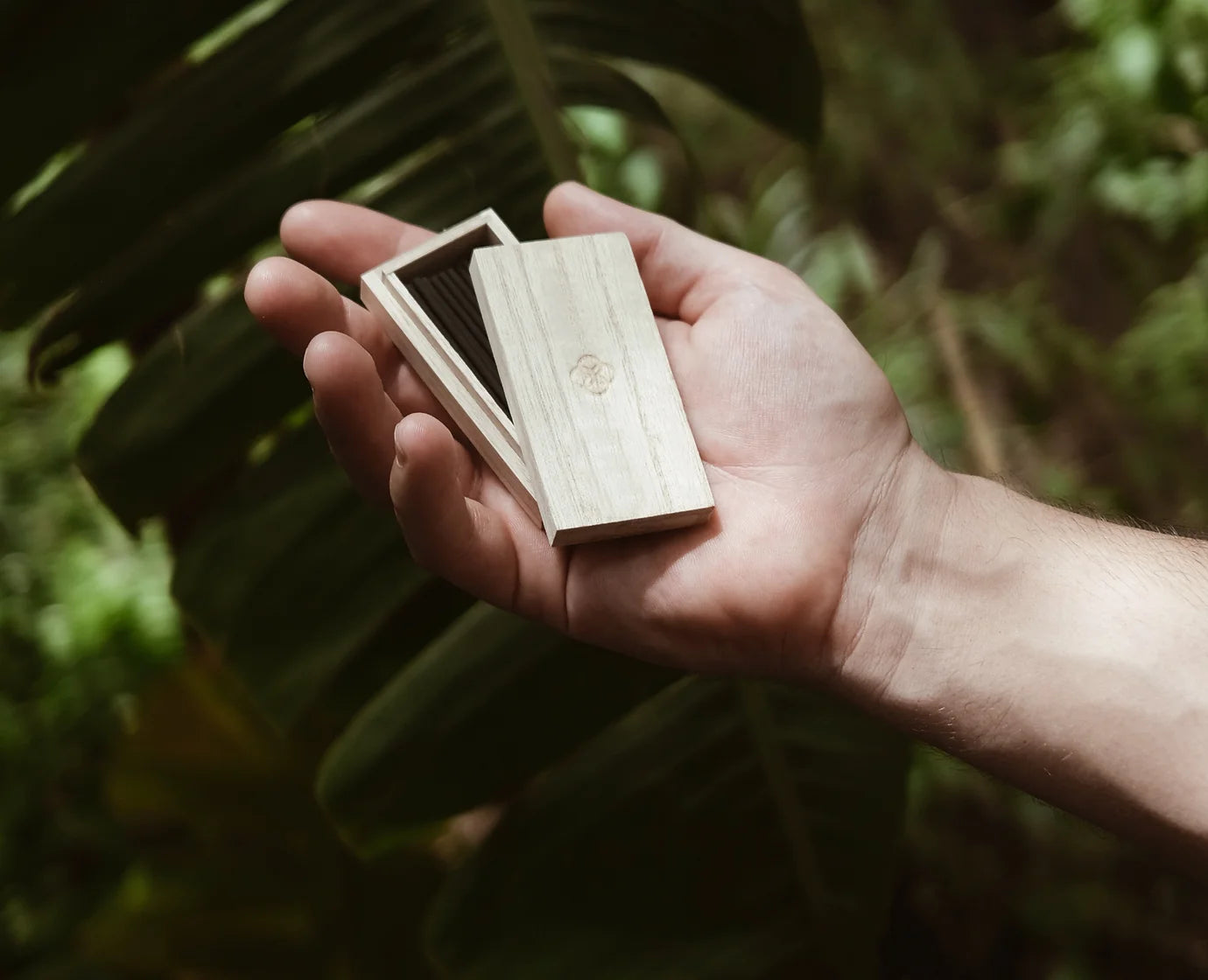 Foto de mano con Caja inciensos hinoki Laguna Cyprien